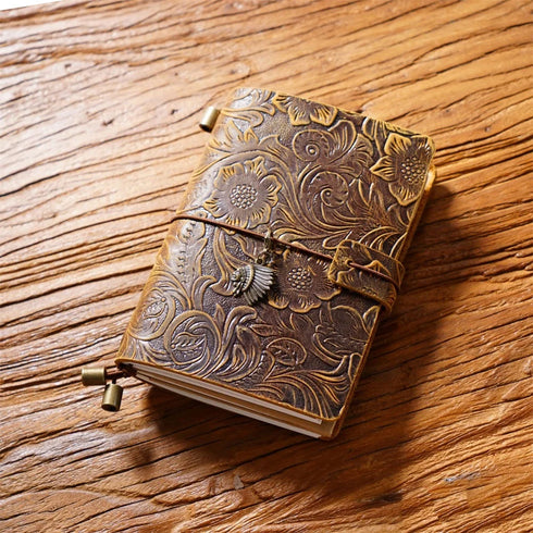 100% Genuine Leather Travel Journal Embossed Flower Cover