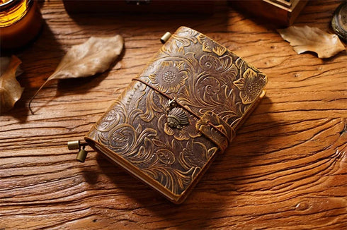 100% Genuine Leather Travel Journal Embossed Flower Cover