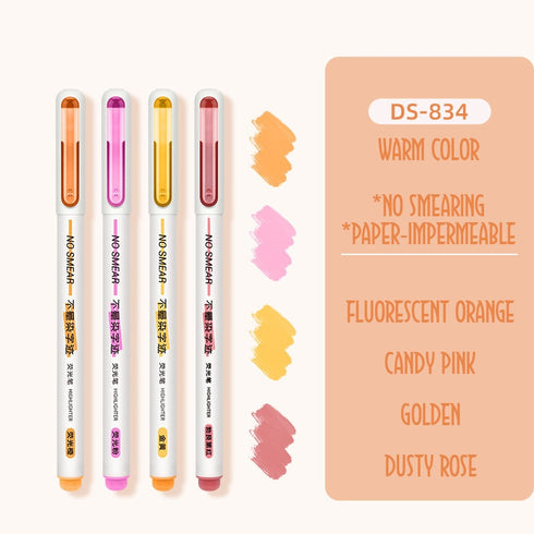 Dianshi NO SMEAR FLUORESCENT Color Highlighter Set Refillable Highlighter Set Eco-Conscious Seven Series 4 Pen Set | Ds-834
