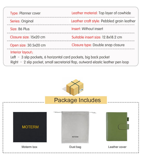 Moterm Original Series B6 Plus Cover for B6 Stalogy Notebook Genuine Pebbled Grain Cowhide Planner Organizer Agenda Journal