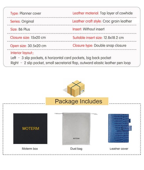 Moterm Original Series B6 Plus Cover Genuine Croc Grain Cowhide for B6 Stalogy Notebook Planner Organizer Agenda Journal Diary