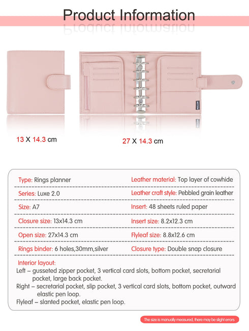 Moterm Luxe 2.0 Series Binder Pocket Size Planner Pebbled Grain Leather A7 Notebook with 30MM Ring