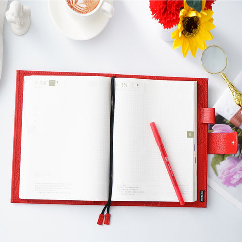 Moterm Firm Pebbled Grain Leather A5 A6 B6 Weeks Cherry Red Color Genuine Cowhide Planner Rings Notebook Cover Diary Agenda Organizer Journey