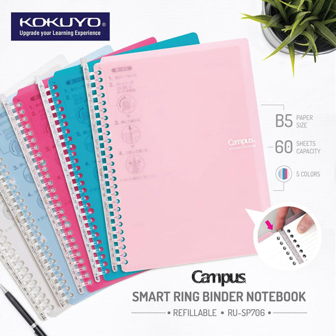 Kokuyo B5 Campus LIGHT PINK B5 Smart Ring Binder Notebook Sp706 26 Rings "Lay Flat" | 60 Sheets