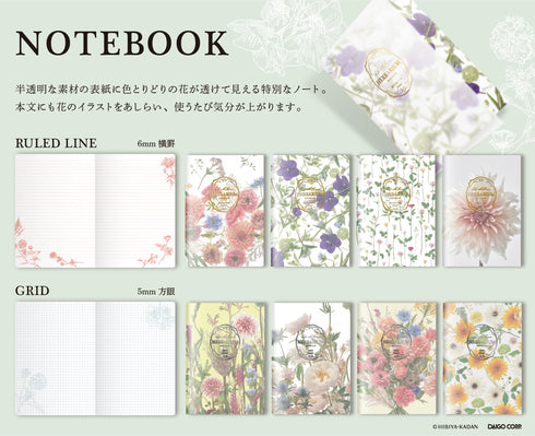 Daigo & Hibiya Hanada Collaboration DAHLIA 5mm GRID Herbarium Notebook Flower Notebook Vintage Ephemera | R1754 48 Pages