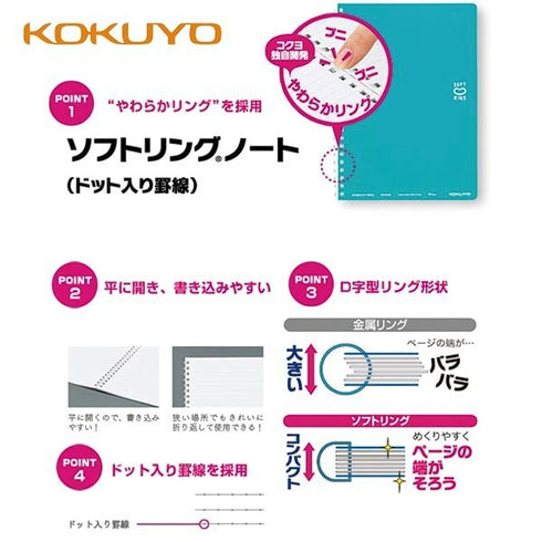 Kokuyo B5 Soft Ring BLUE GREEN Notebook Dotted Line 6mm Rule | 40 Sheets SV301