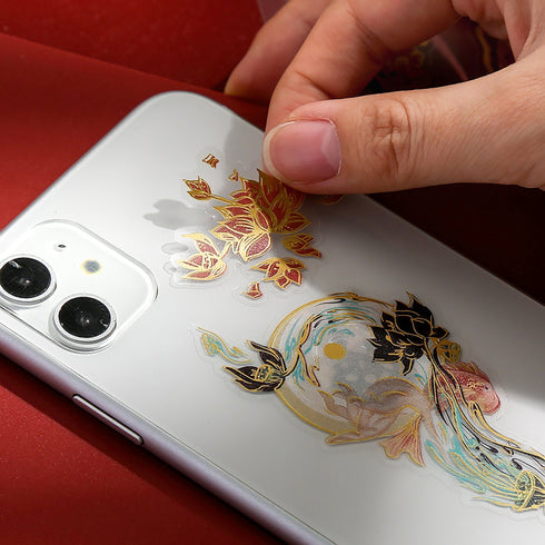 Vientiane RED LOTUS Gold Foil Crane Mountain Metallic Foil Stickers PVC Sticker Clear Sticker 2 Sheets | 148mm X 103mm