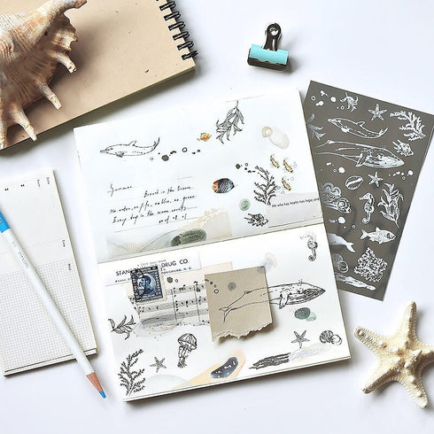 MU Lifestyle Print-On Stickers SILVER FOIL Rub-On Stickers Transfer Stickers 04 | Whale Dolphin Sea Live Ocean Salt Water