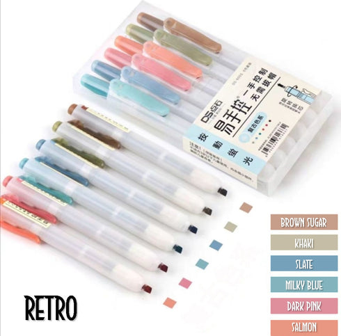 Dianshi RETRACTABLE FLUORESCENT Color Highlighter Set Refillable Highlighter Set Eco Conscious Four Series Six Pen Set 24 Colors | DS-805S