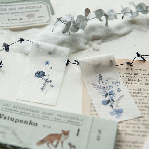MU Lifestyle Print-On Stickers Rub -On Stickers Transfer Stickers Translucent Stickers 181 | Blue Flowers Foxes When Snow Melts