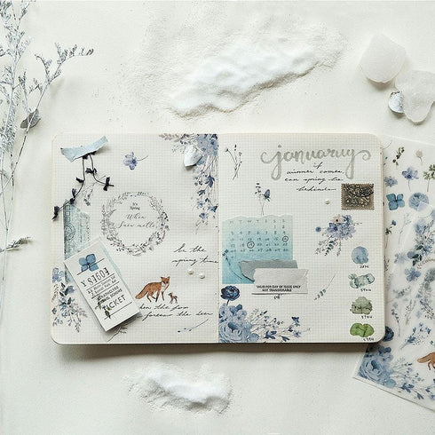 MU Lifestyle Print-On Stickers Rub -On Stickers Transfer Stickers Translucent Stickers 181 | Blue Flowers Foxes When Snow Melts