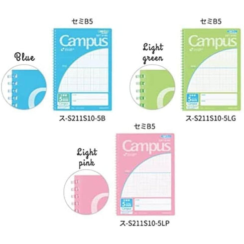 Kokuyo B5 Soft Ring Light PINK SINGLE Subject Notebook 5mm GRID One Subject Notebook Colored Rings| 40 Sheets S211S10-5