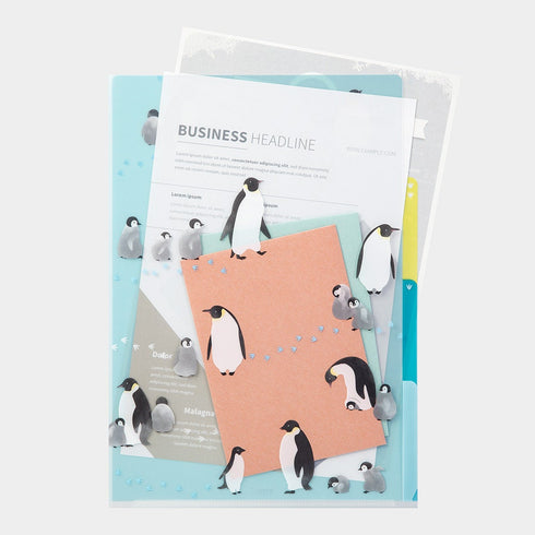 Midori A4 PENGUINS 3 Pocket Clear Folder MD Folder Water Resistant Folder | 310mm X 221mm