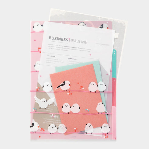 Midori A4 BIRDS White-Tailed Tits 3 Pocket Clear Folder MD Folder Water Resistant Folder | 310mm X 221mm