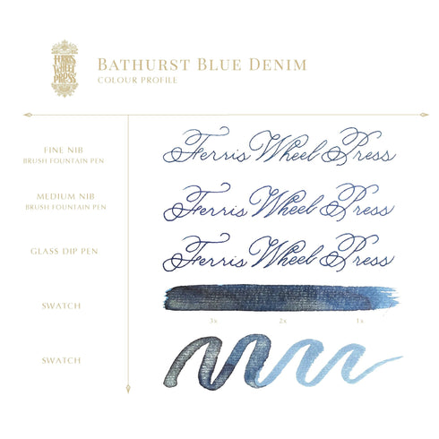 Ferris Wheel Press BATHURST Blue DENIM SHIMMER Fountain Pen Ink Fashion District Dip Pen Ink Calligraphy Ink Bottle Ink | 38ml