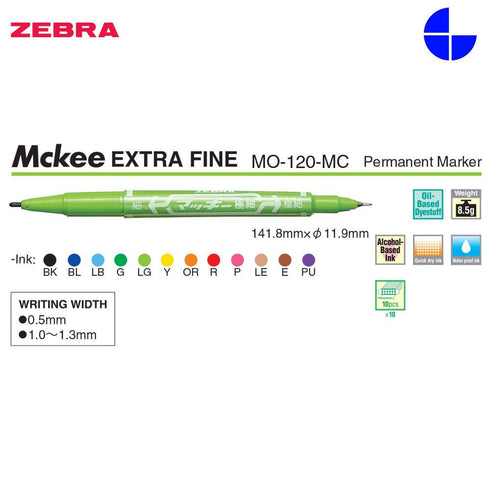 Zebra McKee 8 Piece Set Permament Dual End Marker Oil-Based Ink Fine and Extra Fine Point 0.5mm 1.00mm Marker Set | MO-120-MC