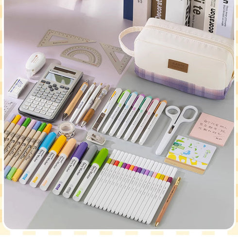 PINK Extra Large PLAID XL Angoo Canvas Pen Case Pencil Case Stationery Case Storage Case Travel Case Up to 80 Items | 215 x 85 x 105mm