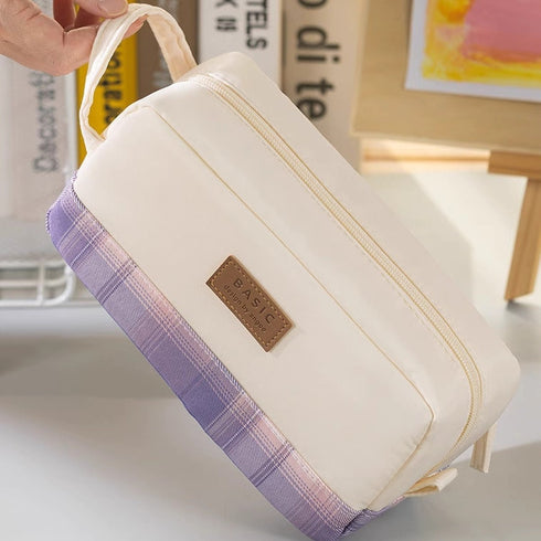 BLUE Extra Large PLAID XL Angoo Canvas Pen Case Pencil Case Stationery Case Storage Case Travel Case Up to 80 Items | 215 x 85 x 105mm