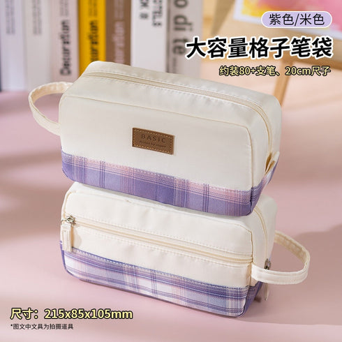 PINK Extra Large PLAID XL Angoo Canvas Pen Case Pencil Case Stationery Case Storage Case Travel Case Up to 80 Items | 215 x 85 x 105mm
