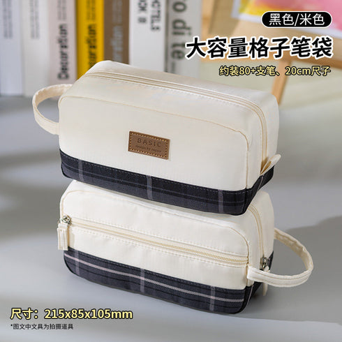 PINK Extra Large PLAID XL Angoo Canvas Pen Case Pencil Case Stationery Case Storage Case Travel Case Up to 80 Items | 215 x 85 x 105mm