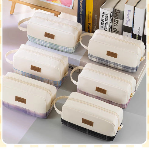PINK Extra Large PLAID XL Angoo Canvas Pen Case Pencil Case Stationery Case Storage Case Travel Case Up to 80 Items | 215 x 85 x 105mm
