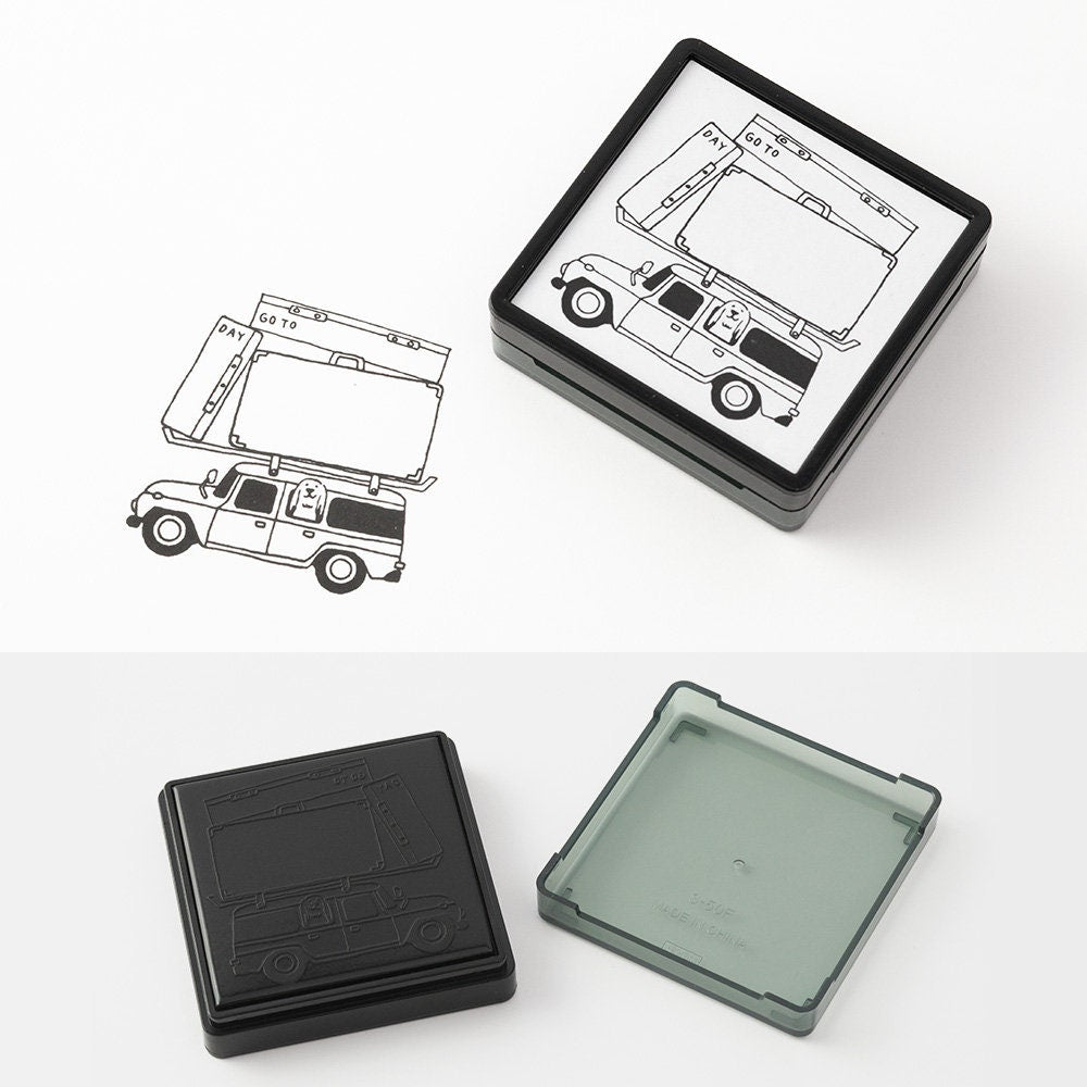 Midori Square Paintable Stamp Re-Inkable Self-Inking Stamp | TRAVEL VACATION Trip Gray Package - The Stationery Life!