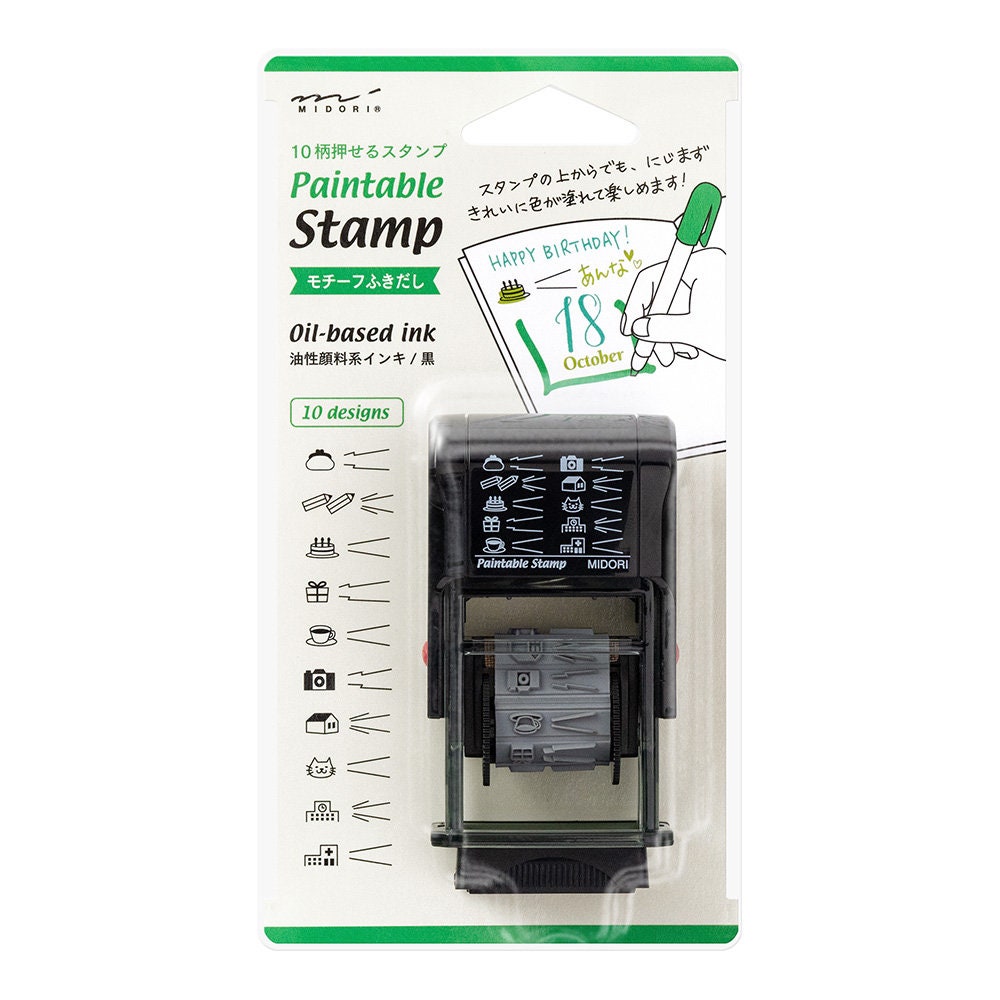 MIDORI Paintable Stamp Re-Inkable Self-Inking Stamp | Object Speech Bubbles Thought Bubbles Conversation Bubbles Green Package - The Stationery Life!
